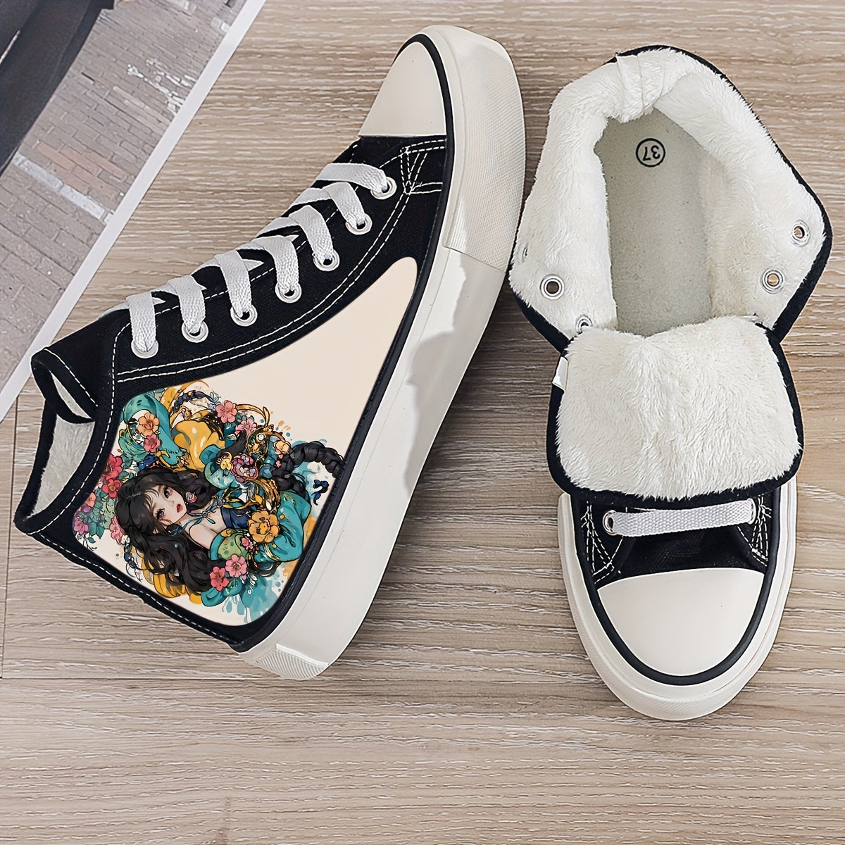 Anime Girl Print Plush Lined Thermal Chunky Canvas Sneakers