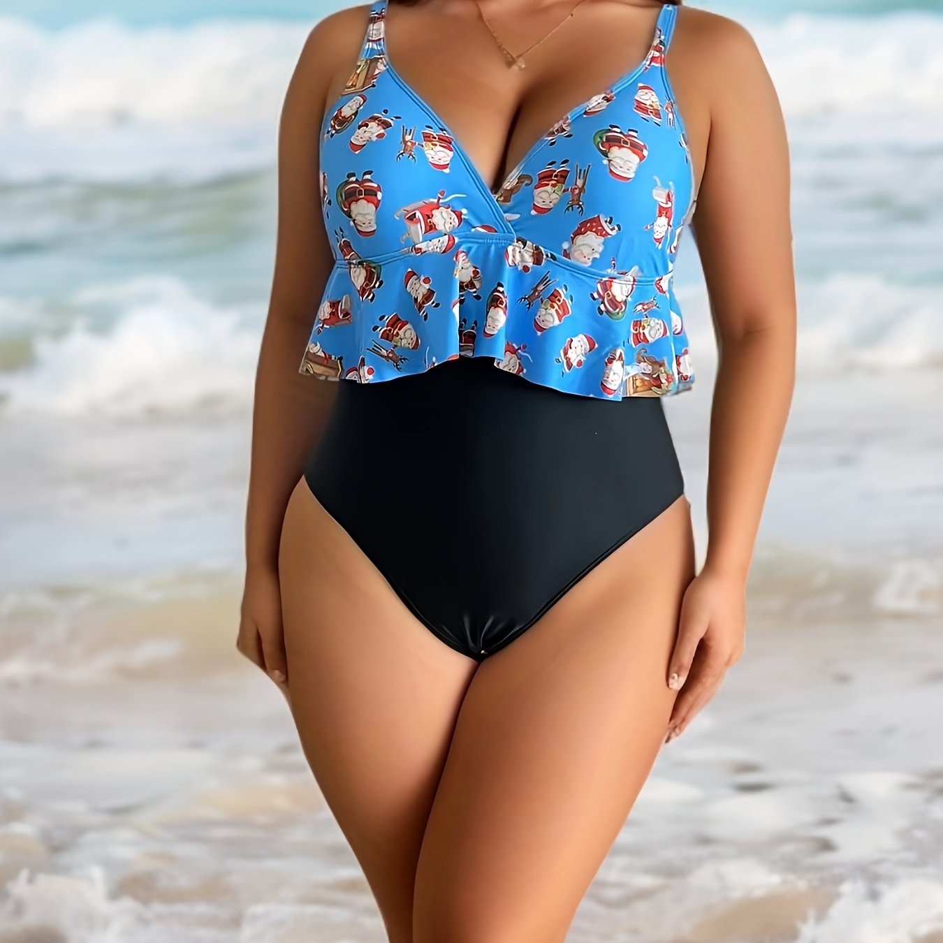 Santa Claus Print One Piece Bathing Suit