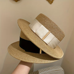 British Style Straw Sun Hat Flat Brim Jazz Fedora Cap Ribbon Bowknot Decor