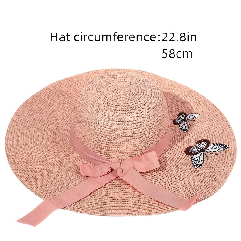 Pink Butterfly Embroidery Sun Hat Wide Brim Straw Beach Hat