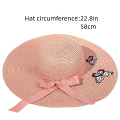 Pink Butterfly Embroidery Sun Hat Wide Brim Straw Beach Hat