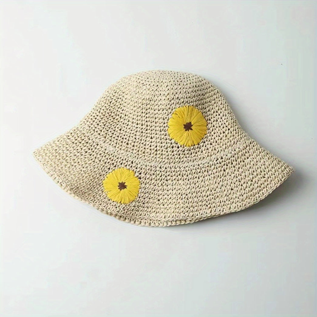 Sunflower Crochet Straw Sun Hat Wide Brim UV Protection Adjustable Basin Hat