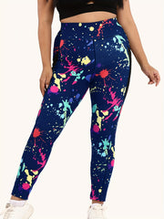 Sports Leggings Women's Plus Splash Print Wide Band Waist High Rise