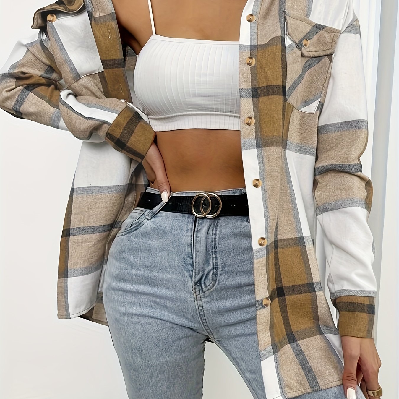 Plaid Print Shacket Jacket Button Front Long Sleeve