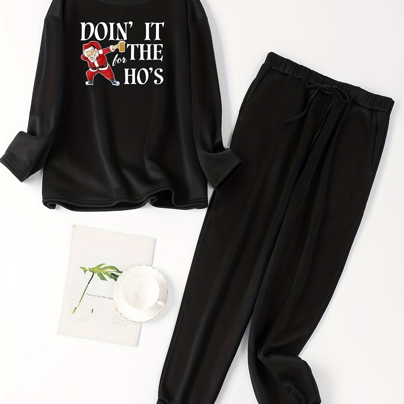 Santa Claus Lounge Set Crew Neck Fleece Top & Tie Pants Pajamas