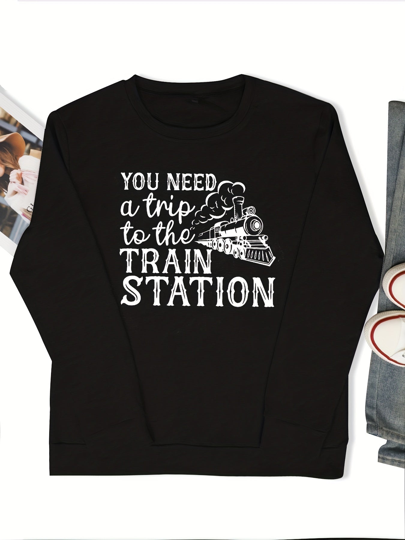 Train Station Print Sweatshirt Crew Neck Women's Clothing