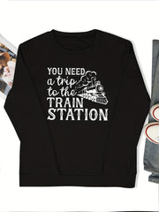 Train Station Print Sweatshirt Crew Neck Women's Clothing