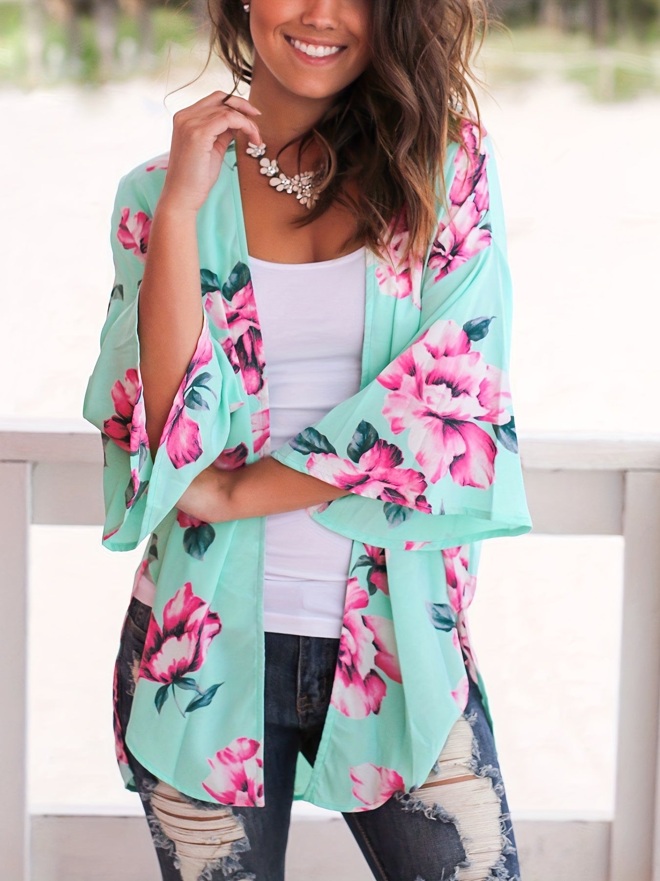 Floral Print V Neck Cover Up Shirts Long Sleeves Loose Fit