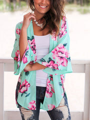 Floral Print V Neck Cover Up Shirts Long Sleeves Loose Fit