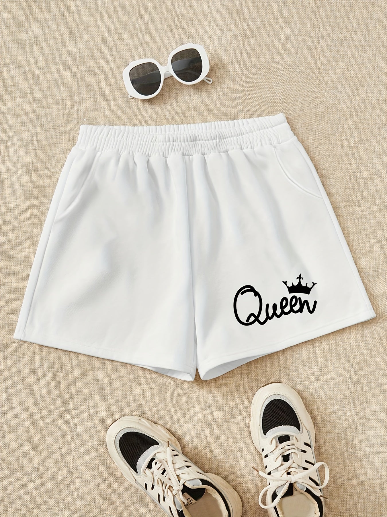 Girls Shorts ''Queen'' Print Casual Sweat Shorts Comfy Fit Elastic Waist