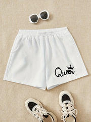 Girls Shorts ''Queen'' Print Casual Sweat Shorts Comfy Fit Elastic Waist