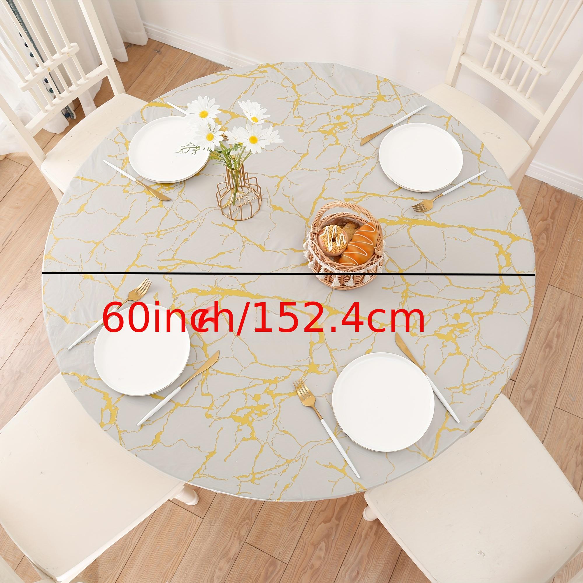Round Marble Style Elastic Tablecloth Waterproof Proof