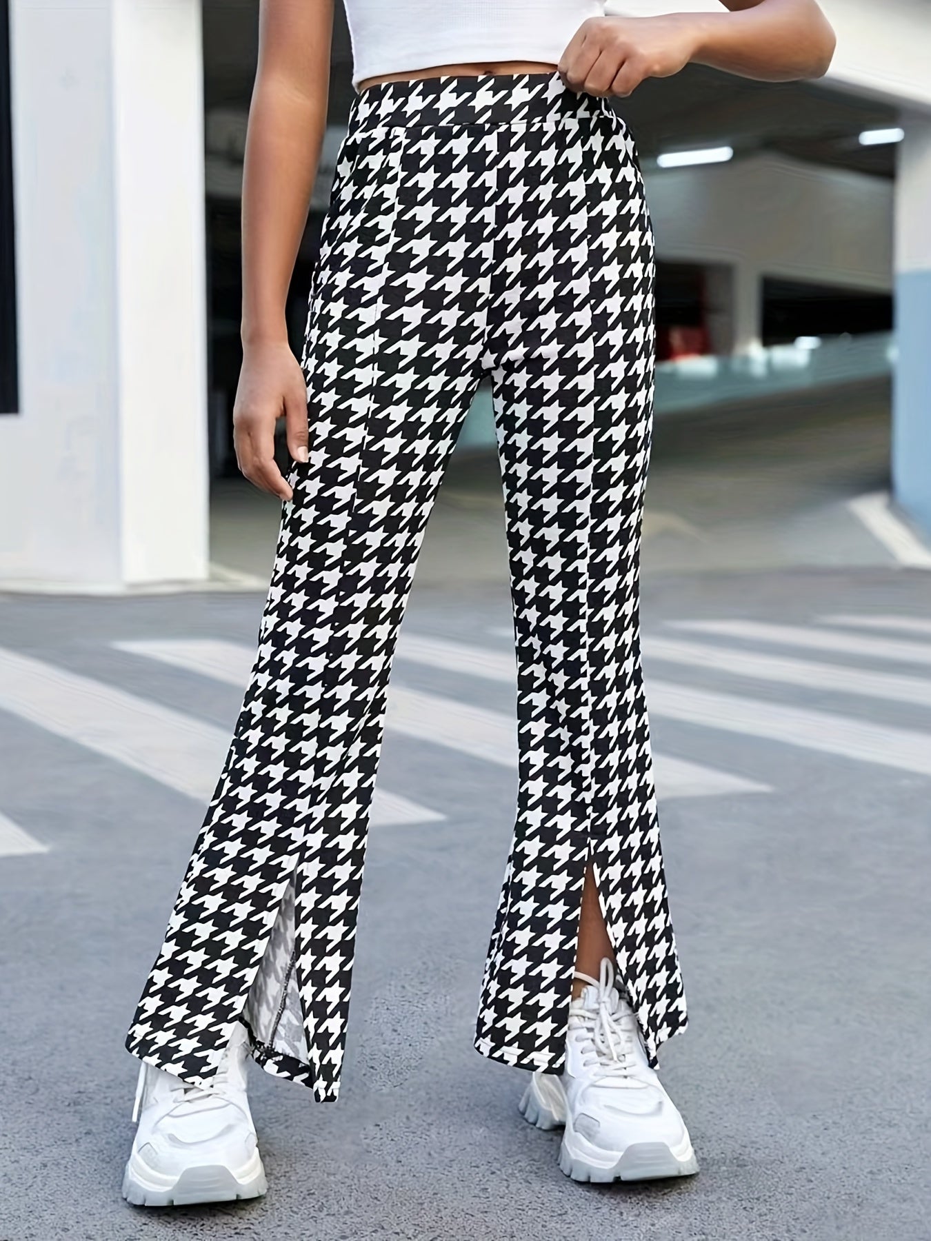 Houndstooth High Waist Side Split Pants for Streetwear