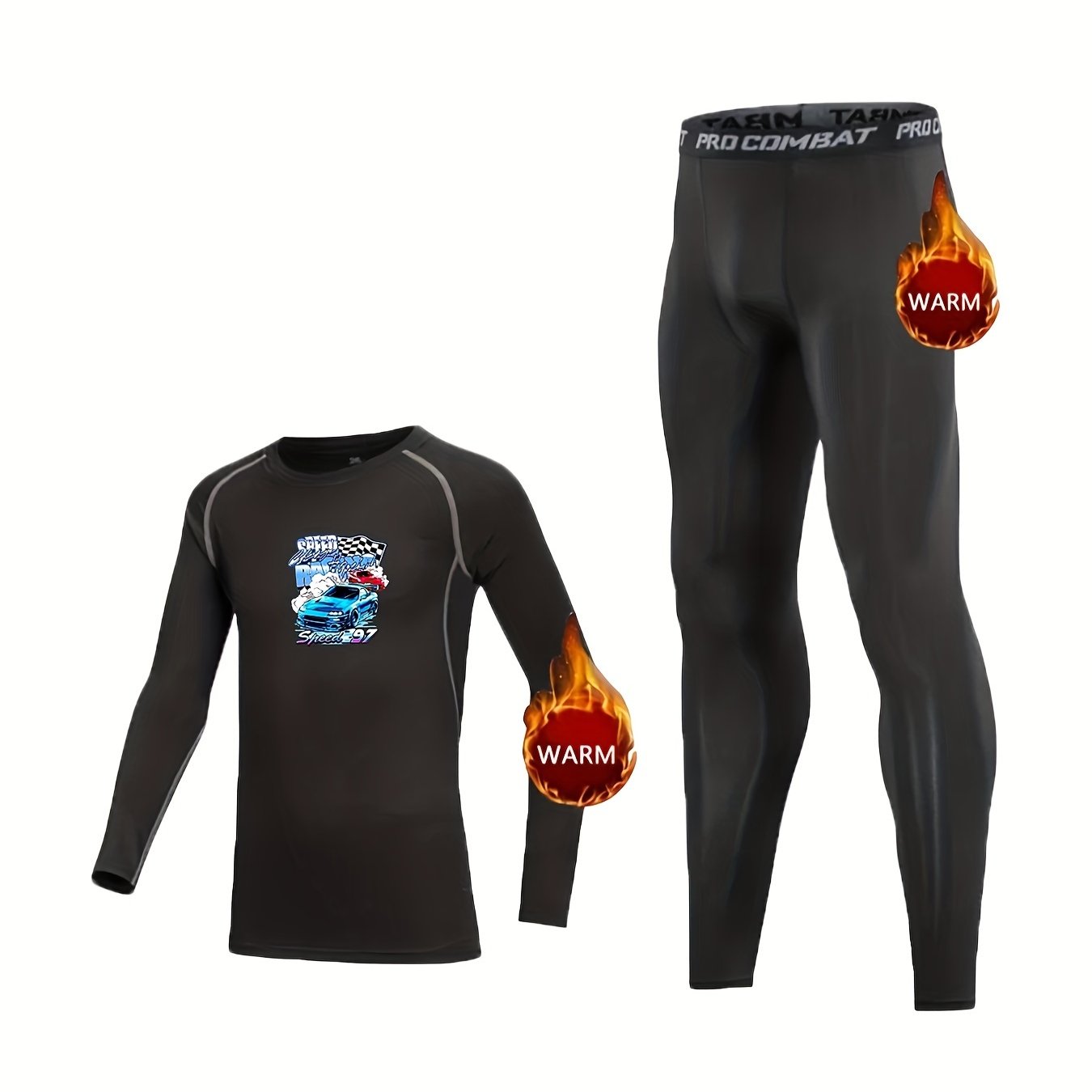 Kids Fleece Lined Compression Base Set Speed Racing Print Tops & Leggings