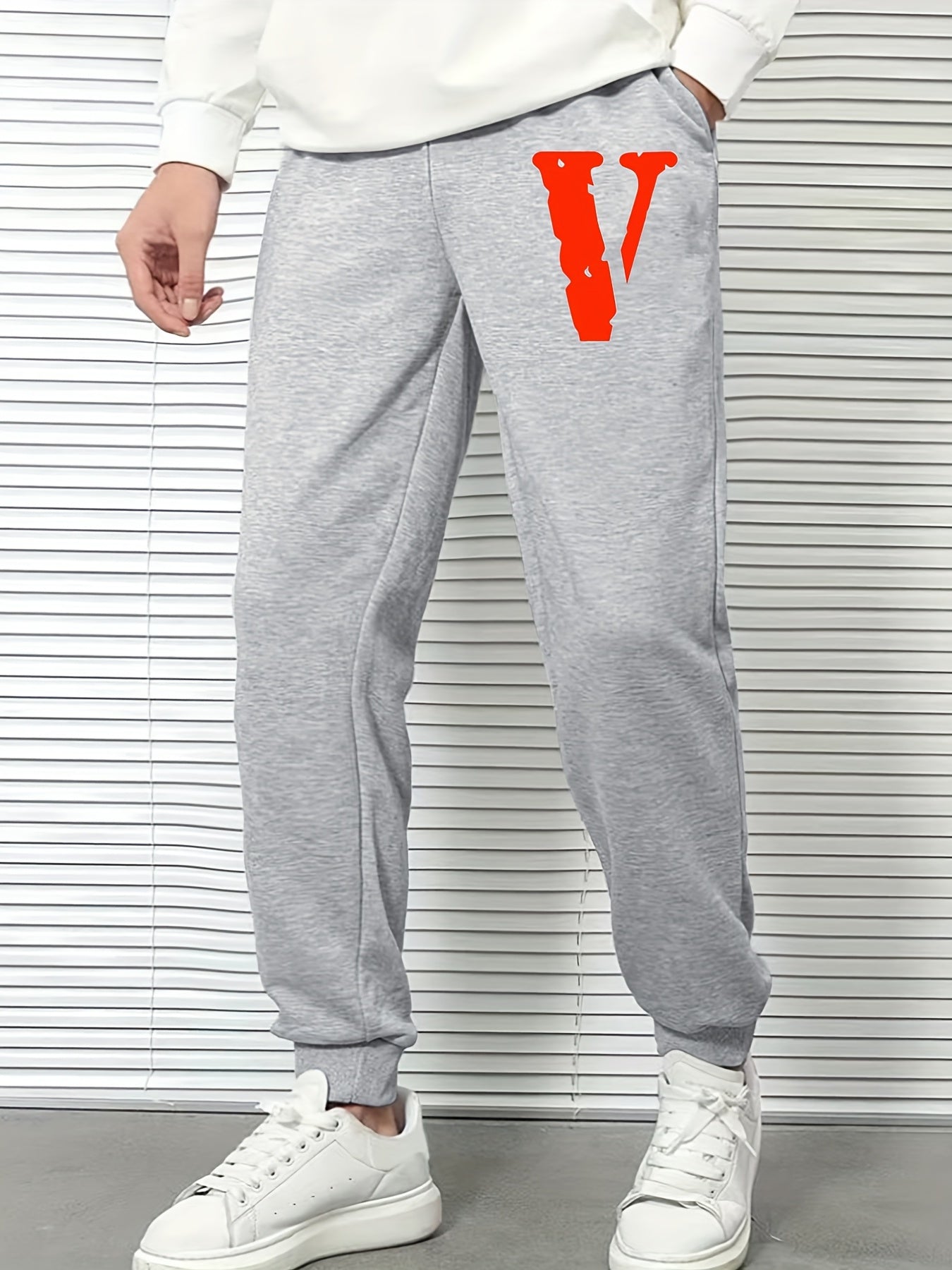 Men s Big V Print Drawstring Sweatpants Elastic Waist Jogger Pants