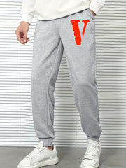 Men s Big V Print Drawstring Sweatpants Elastic Waist Jogger Pants