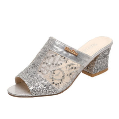 Sequins Chunky Heeled Peep Toe Sandals Slip On Mid Heels