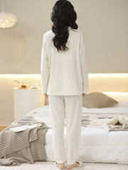 Bunny Embroidery Pajama Set Long Sleeve Buttons Top & Elastic Waistband Pants