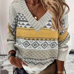 Ethnic Sweater Women's Knitted V Neck Pullover