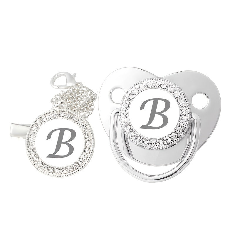 Silver Rhinestone Baby Letter Pacifier Nursing Mouth with Chain Clip