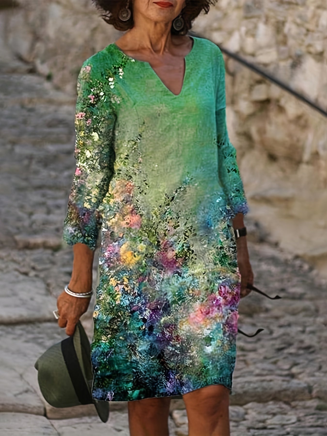 Floral Print Plus Size V Neck Half Sleeve Dress