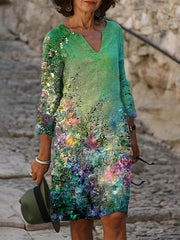 Floral Print Plus Size V Neck Half Sleeve Dress