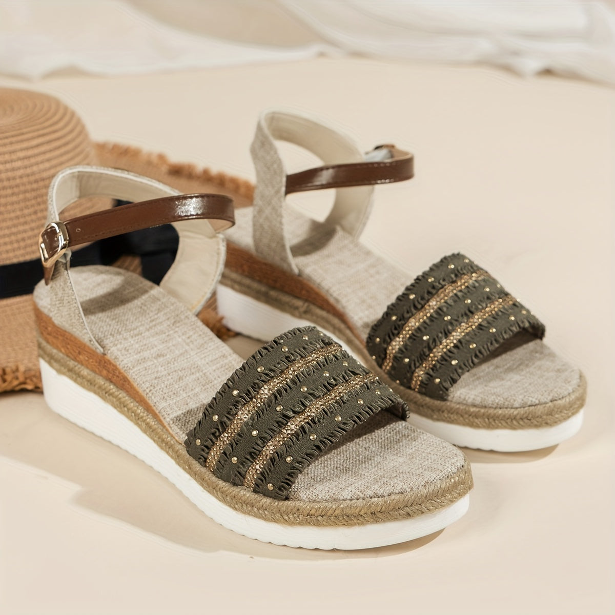 Rhinestone Wedge Sandals with Buckle Strap