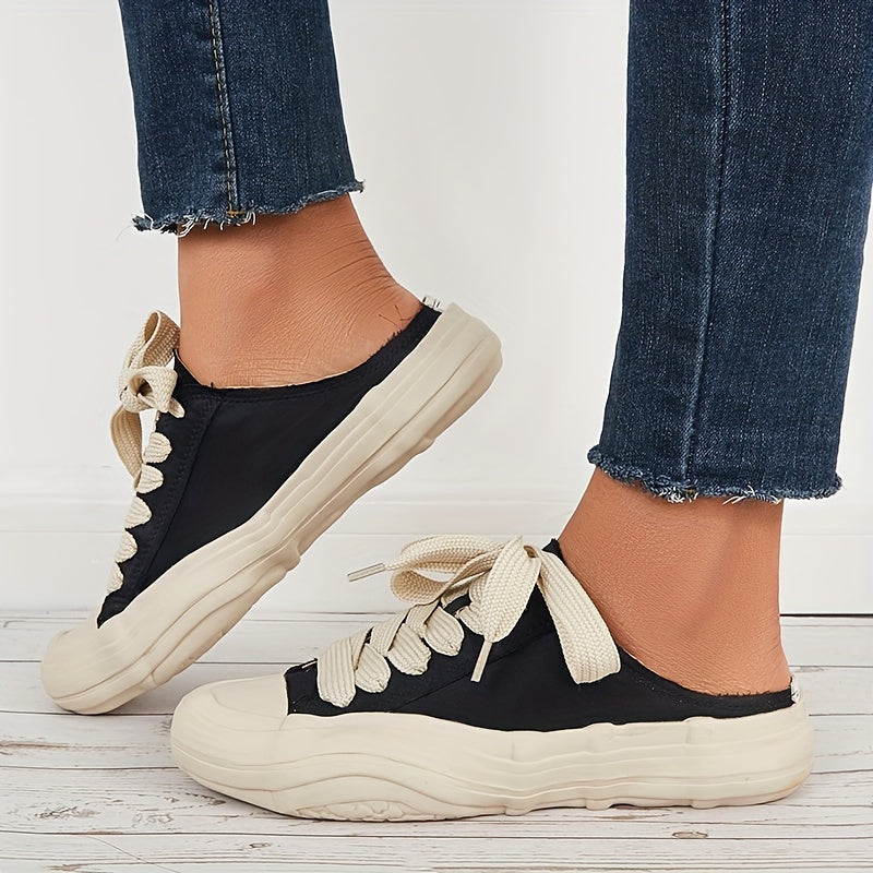 Vintage Lace Up Canvas Mules Sneakers Flat Shoes