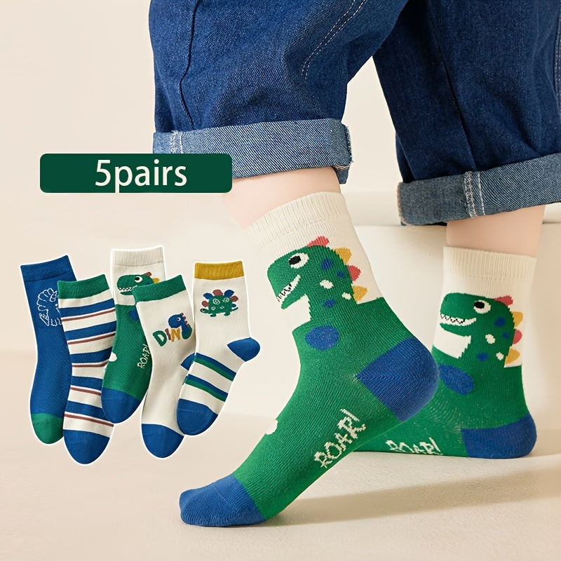 5pairs Boy Skids Dinosaur Pattern Socks, Comfy Anti-odor Students Socks