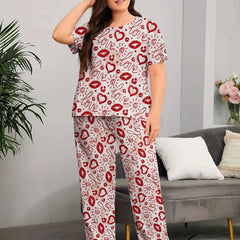 Heart & Letter Print Pajama Set Short Sleeve Top & Pants