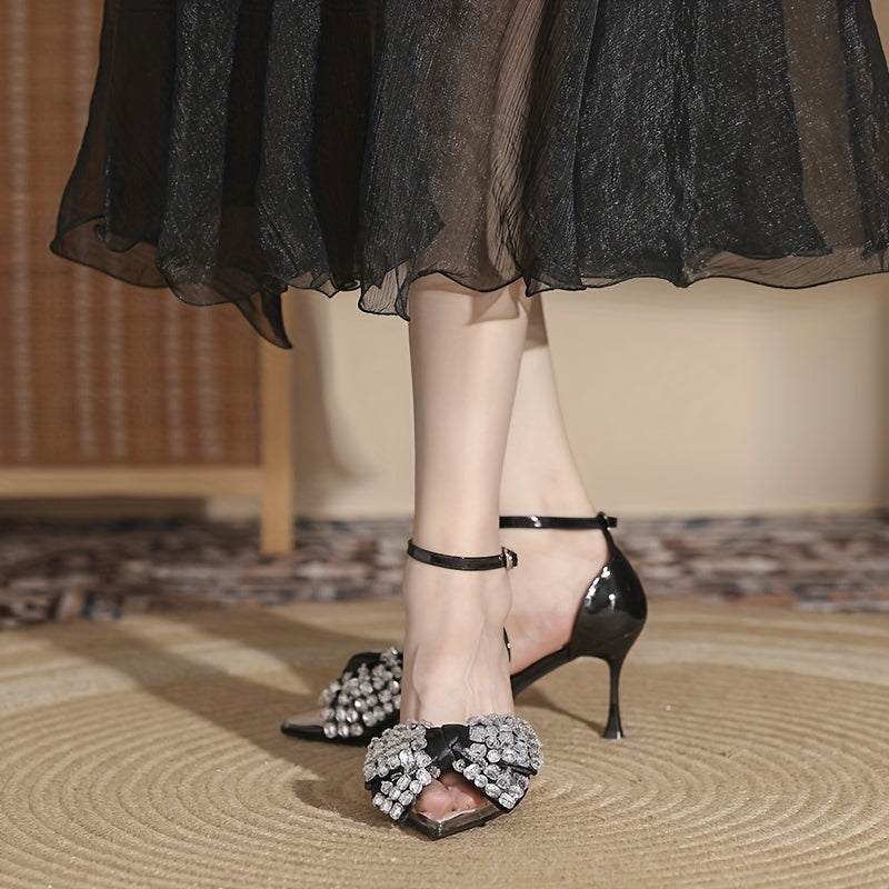 Rhinestone Bowknot Heels Point Toe Dress Pumps Buckle Strap Stiletto Heels