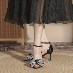 Rhinestone Bowknot Heels Point Toe Dress Pumps Buckle Strap Stiletto Heels