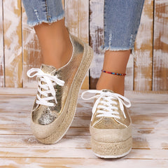 Metallic Platform Sneakers Lace Up Espadrille Shoes