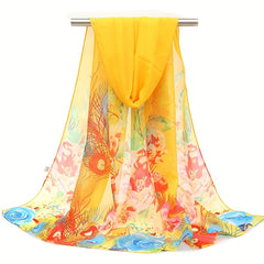 Phoenix Tail Print Chiffon Scarf Vintage Silk Thin Shawl Hijab