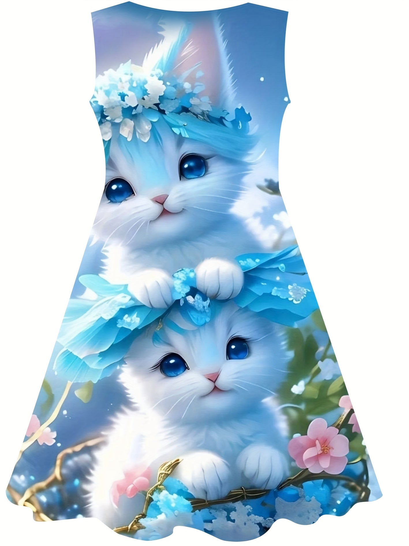 Girls Chubby Cat Sleeveless Dress Summertime Outdoor Outfit
