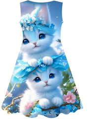 Girls Chubby Cat Sleeveless Dress Summertime Outdoor Outfit