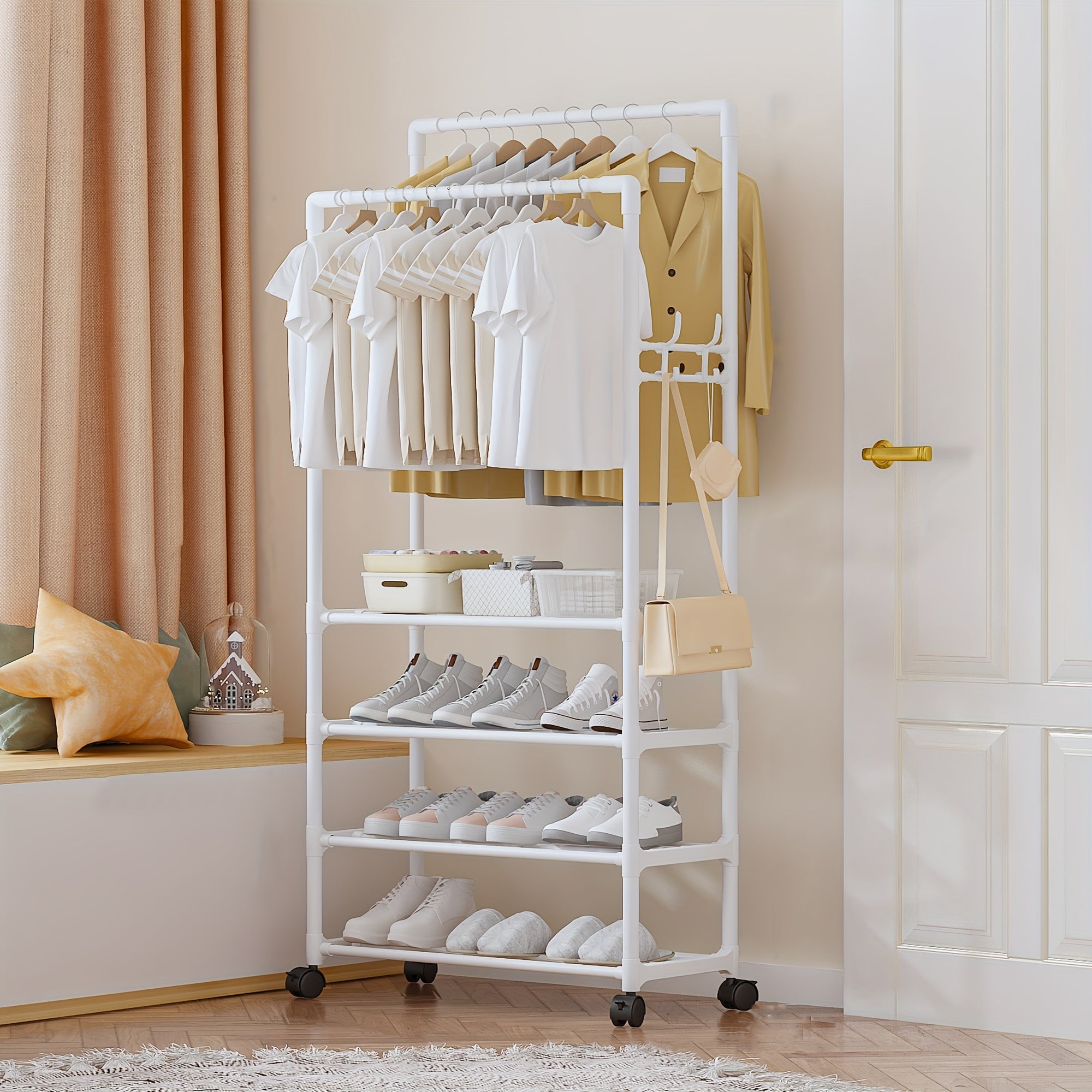 Double Pole Coat Rack with Pulley 4 Layer Clothes Hat Shoes Rack