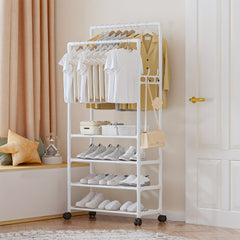 Double Pole Coat Rack with Pulley 4 Layer Clothes Hat Shoes Rack