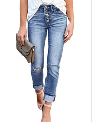 Slim Fit Skinny Jeans Ripped Distressed Button Denim Pants Women's Denim Jeans