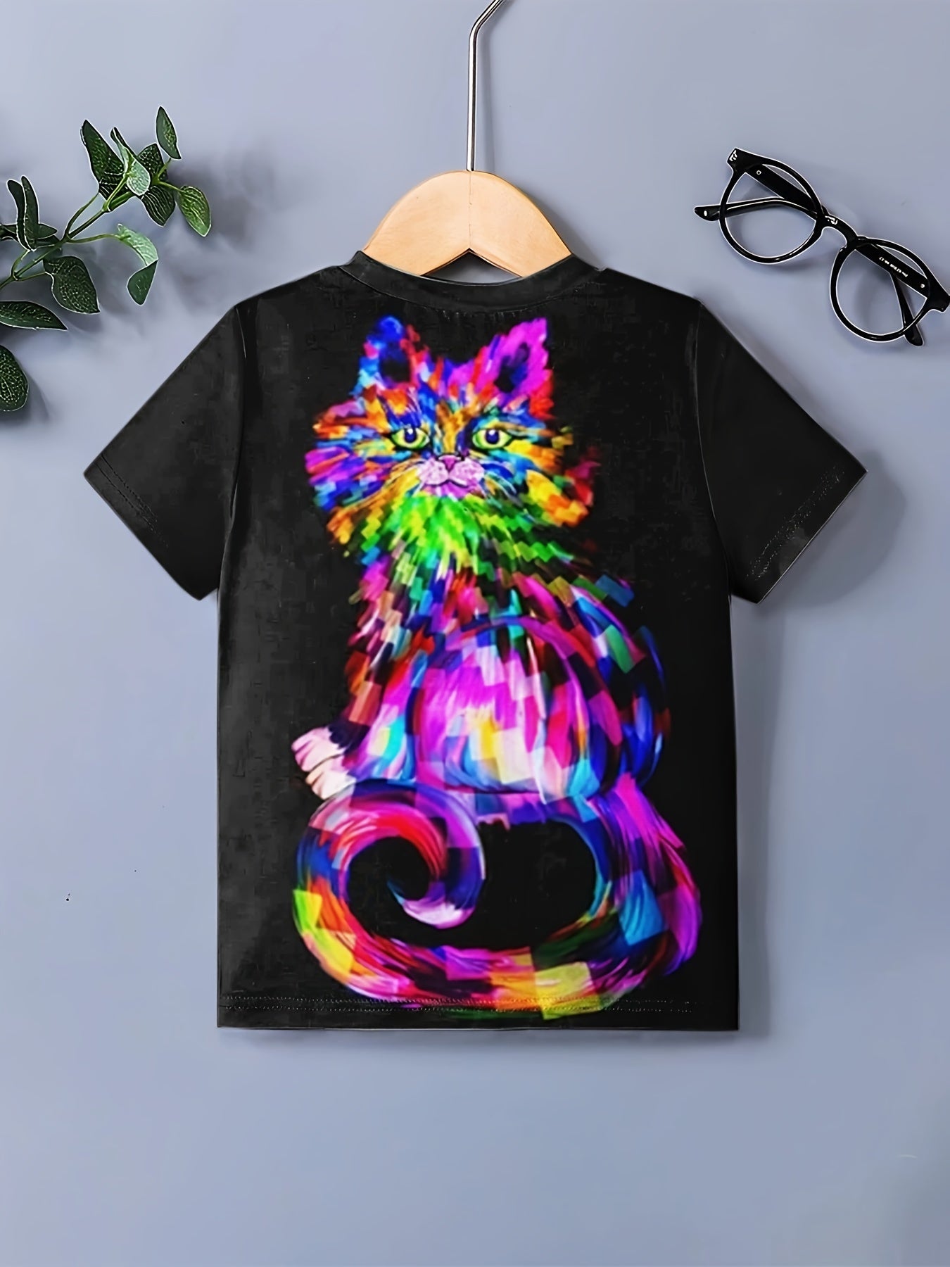 Colorful Cat Print Boy's Casual Tees Short Sleeve Crew Neck T Shirt