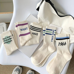 5 Pairs Letter Print Striped Socks Mid Tube Socks Women's Stockings