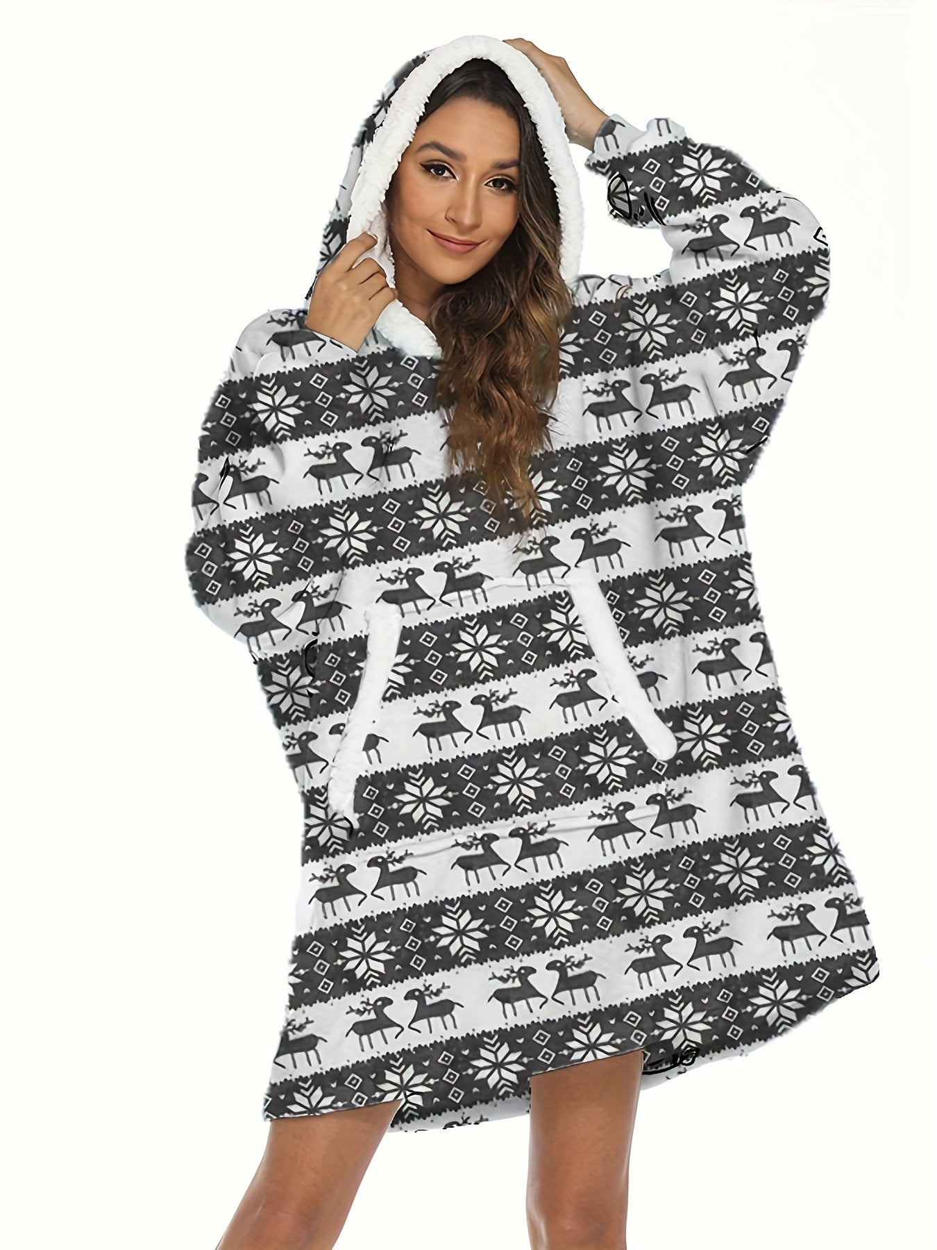 Elk Print Long Sleeve Hooded Top with Pockets Women's Loungewear