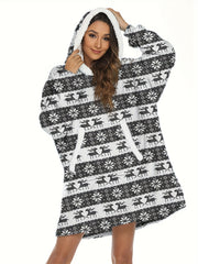 Elk Print Long Sleeve Hooded Top with Pockets Women's Loungewear