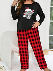 Christmas Pajama Set Women's Christmas Hat Print Top & Plaid Pants