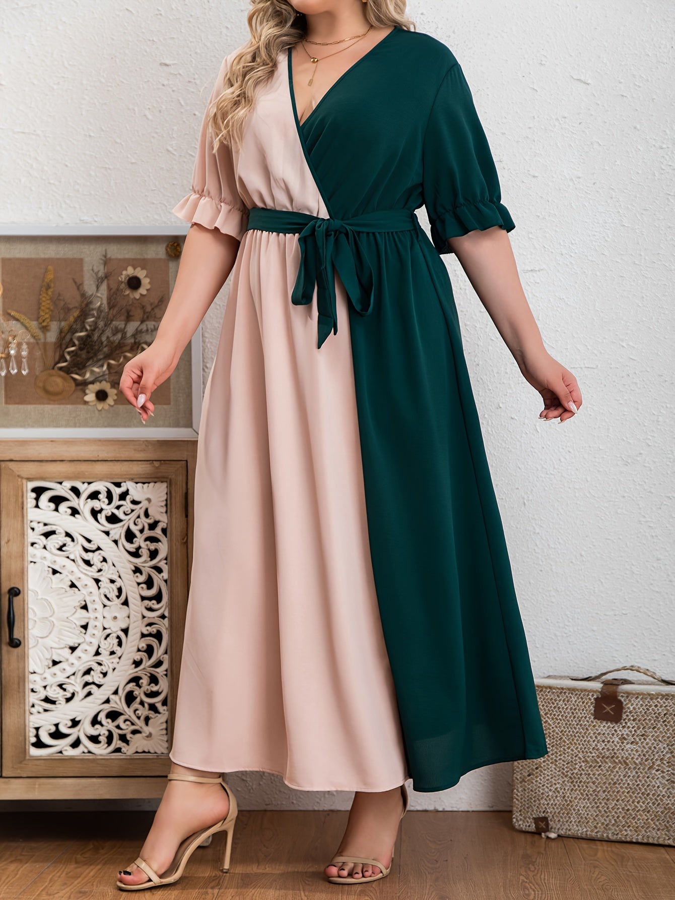Colorblock Puff Sleeve Maxi Dress With Belt