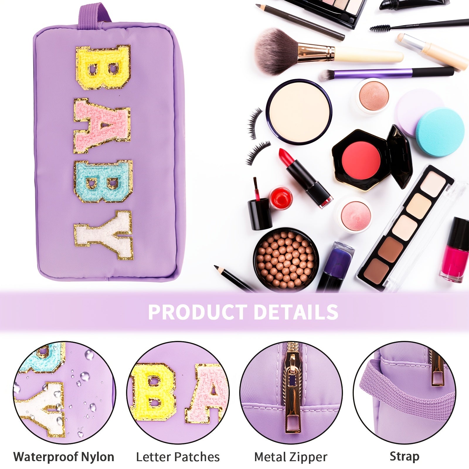 Preppy Makeup Bag With Strap Nylon Waterproof Travel Toiletry Bag