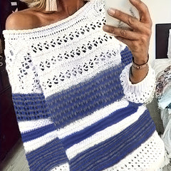 Casual Sweater Women's Plus Colorblock Stripe Print Lantern Sleeve