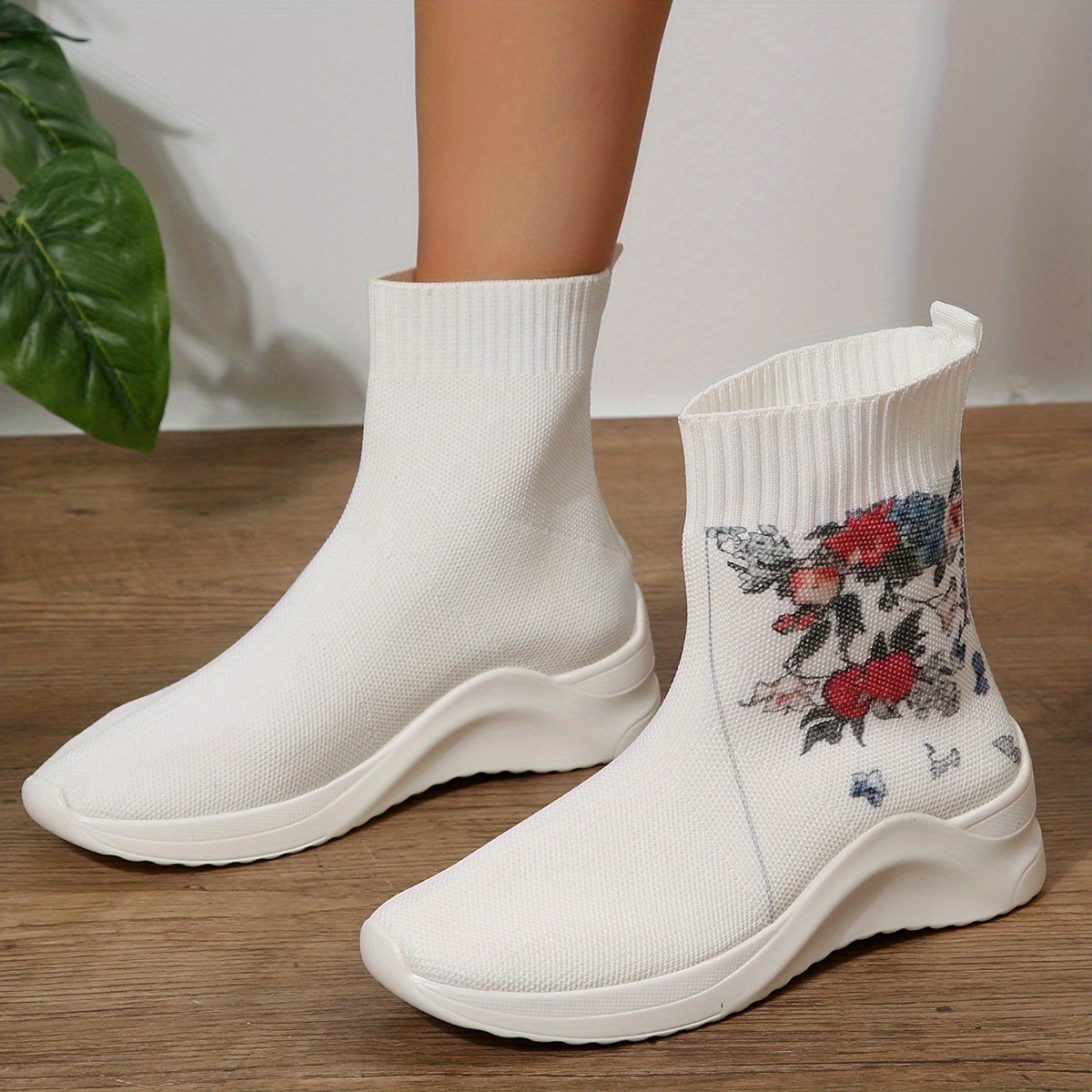 Women's Floral Print Stretch Sock Boots Slip On Ankle Boots