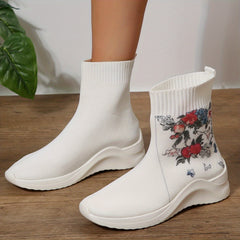 Women's Floral Print Stretch Sock Boots Slip On Ankle Boots