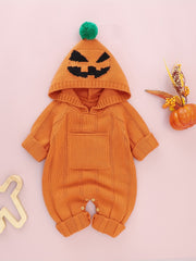 Baby Pumpkin Pattern Sweater Knit Bodysuit Halloween Party Hooded Romper